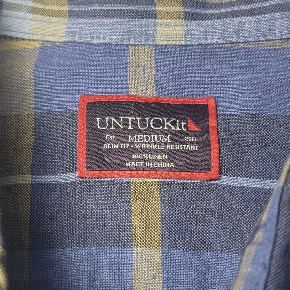 UNTUCKit Tribuno Blue Plaid 100% Linen Wrinkle-Resistant Shirt M - Picture 4 of 5